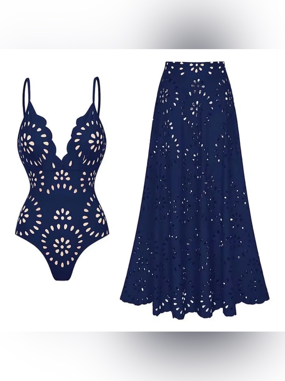 laser-cut flower swimsuit set deep v-neck one-piece and a matching maxi skirt